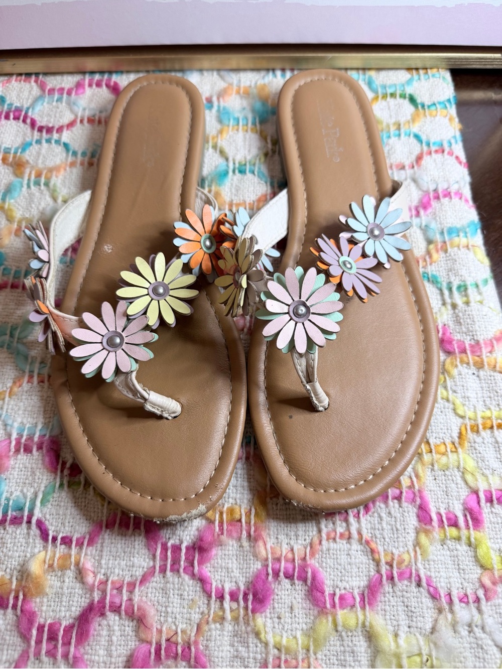 Women’s Floral Multi-Color Leather Thong Sandals - Pastel